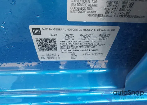 2022 Chevrolet Silverado 1500 4Wd Short Bed Custom z USA, uszkodzony, nr VIN 3GCPDBEK6NG631895